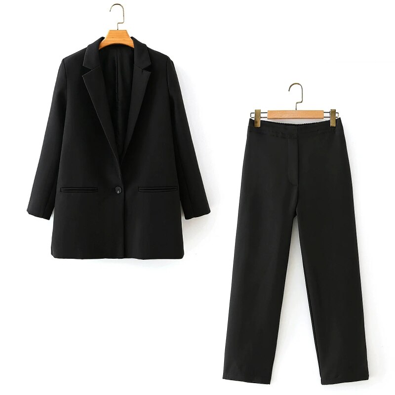 ZXQJ femmes noir vestes costume dames décontracté deux pièces ensemble vintage femme mince longues blazers filles chic costumes: two piece set / S