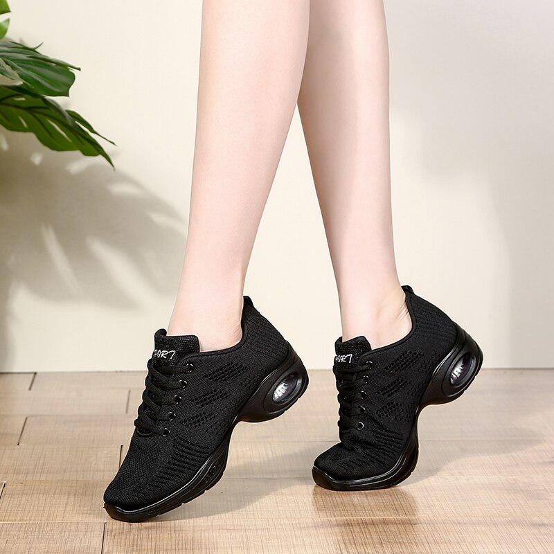 Sneakers dansschoenen dames moderne dames ballroom meisjes tango vierkante hakken sport casual dansschoenen zachte onderkant: Zwart / 6