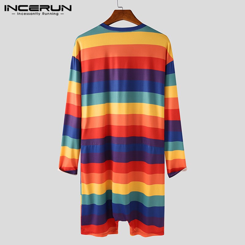 INCERUN Men Striped Romper Pajamas Colorful Long Sleeve Button Casual Jumpsuits Homewear Cozy Fitness Mens Overalls Nightwear