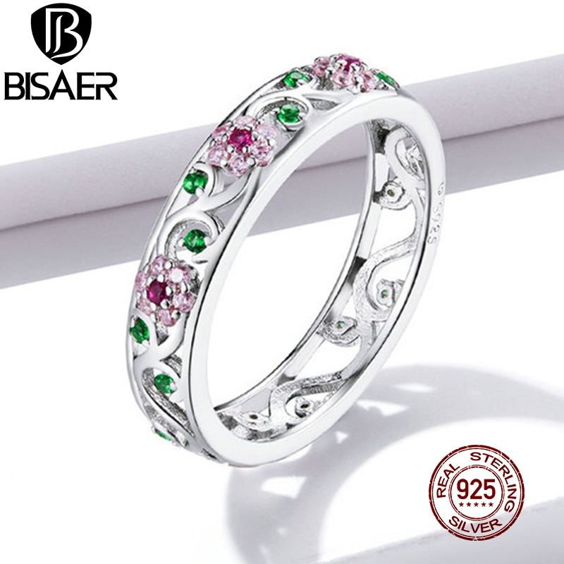 Bisaer Roze Bloem Ringen 100% 925 Sterling Zilveren Statement Kleurrijke Cz Vinger Ringen Voor Vrouwen Luxe Sieraden EFR132