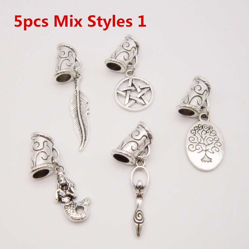 5Pcs/Pack metal Silver different charms hair braid dread dreadlock beads rings tube approx 6mm hole hair accessories: 5pcs Mix Styles 1