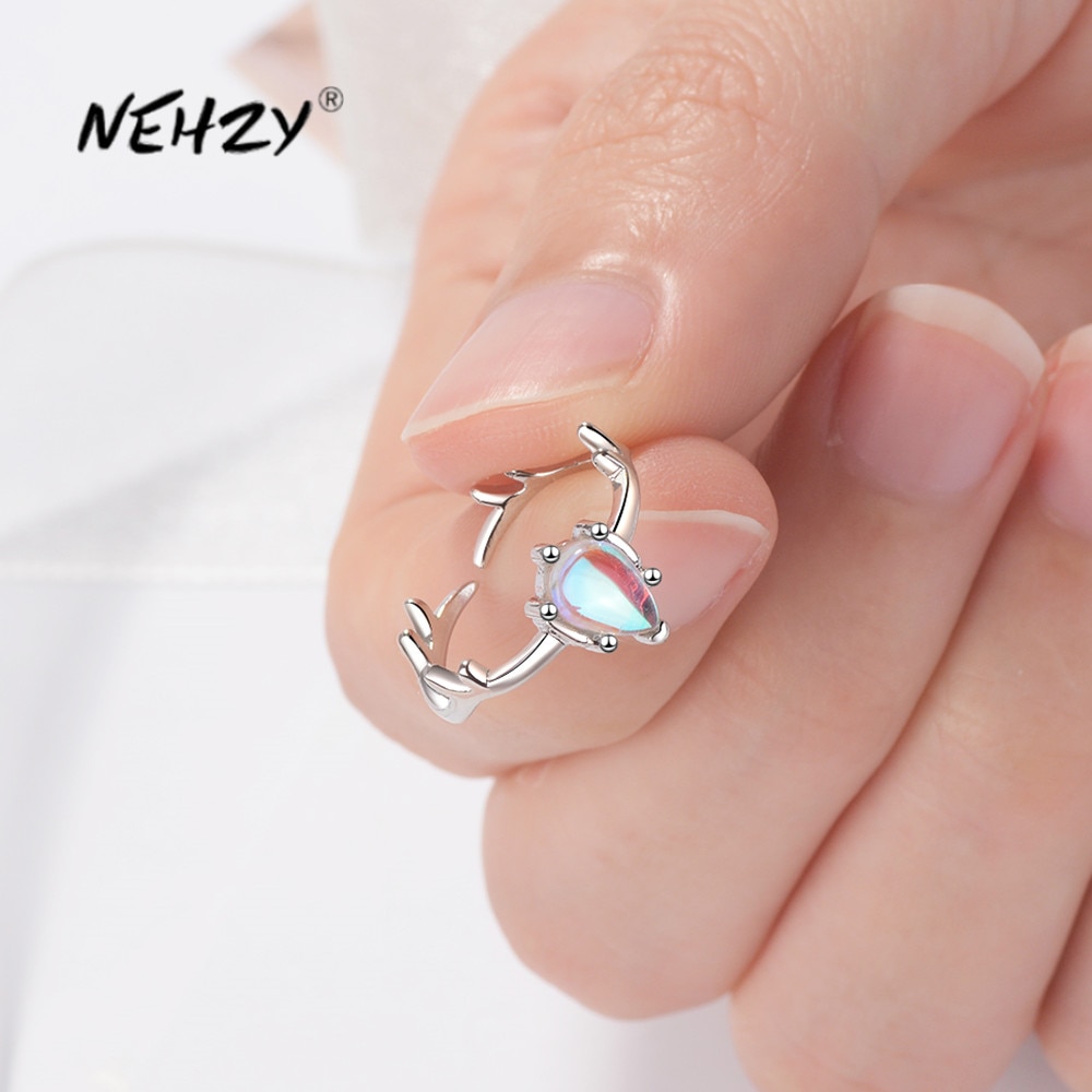 Nehzy S925 Stempel Zilver Vrouw Mode Sieraden Kleur Kristal Maansteen Hart Ring Maat Verstelbare Open Ring