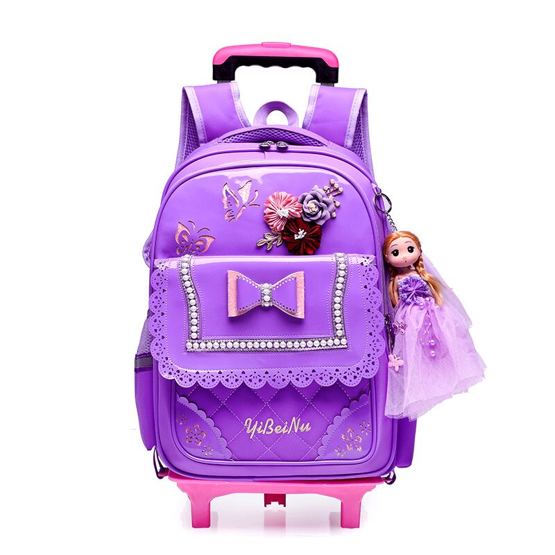 2 räder Wagen Rucksack Für freundlicher PU Wasserdicht bogen-knoten aufbringen Schule Tasche Abnehmbare Rucksack Für Mädchen: Violett