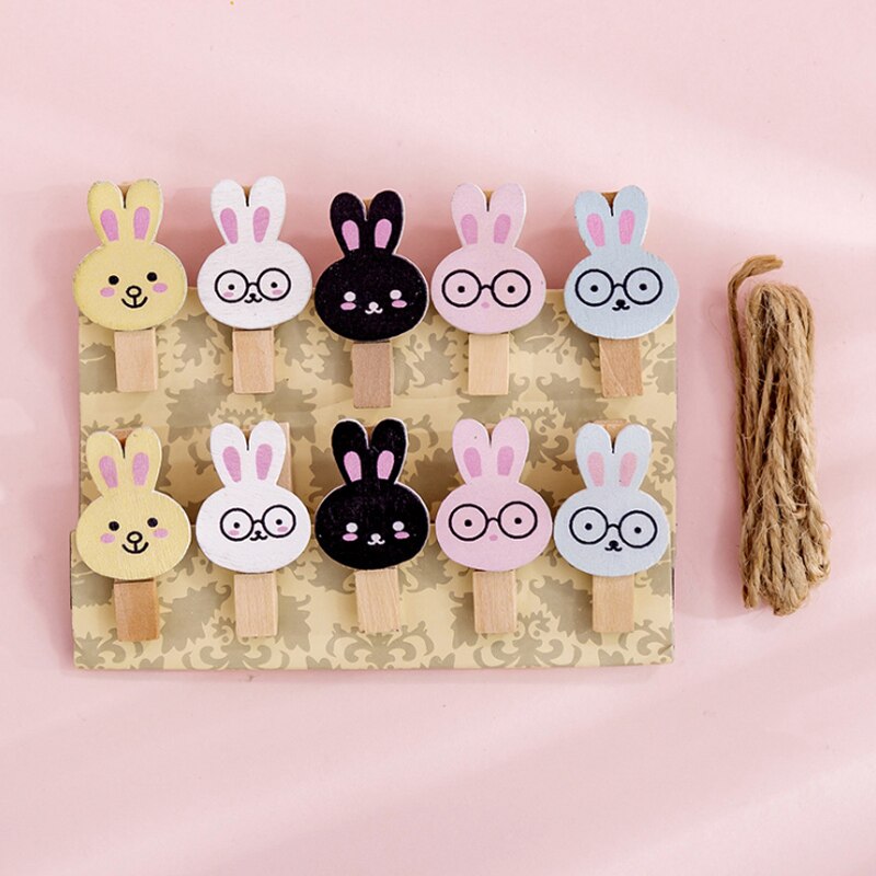 Clips de madera Natural de cuerda de cáñamo para decoración de pared, Clips para fotos, pinzas para ropa, manualidades, 10 paquetes: Rabbit