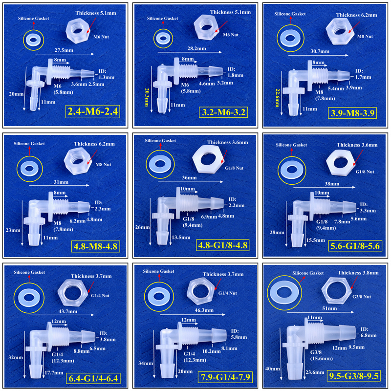 Connecteur coudé perforé pagode + joint en Silicone, adaptateur de réservoir d'aquarium, Joint de tuyau d'eau de jardin M6 ~ G1/2 à 2.4-11.1mm, 5 à 200 pièces