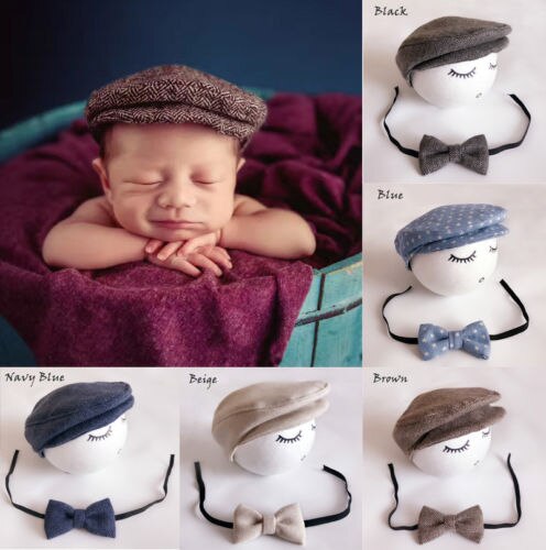 Newborn Baby Peaked Beanie Cap Hat + Bow Tie Photo Photography Prop Outfit Set Little Gentle Man