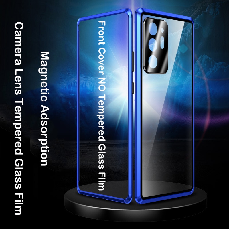 Volledig magnetische hoes voor samsung galaxy note 20 ultra, gehard glazen hoesje, metalen bumper, note 20 cameralens beschermhoes