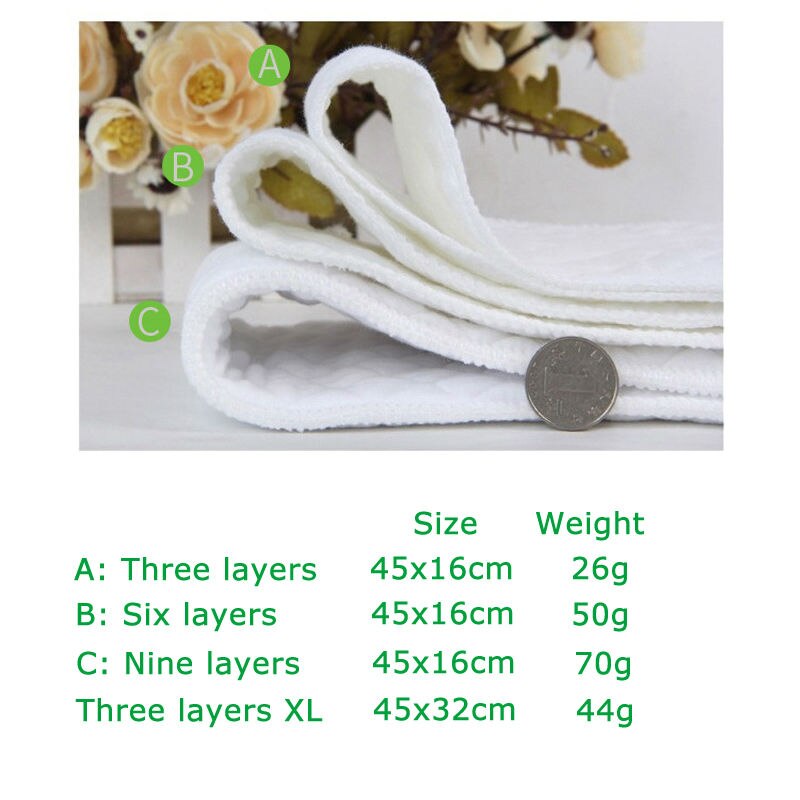 10 stks/partij Herbruikbare Luiers Nappy 3 Lagen Ecologische Katoen Moderne Doek Insert Luiers Zacht Baby Luier Liners 45x16 cm