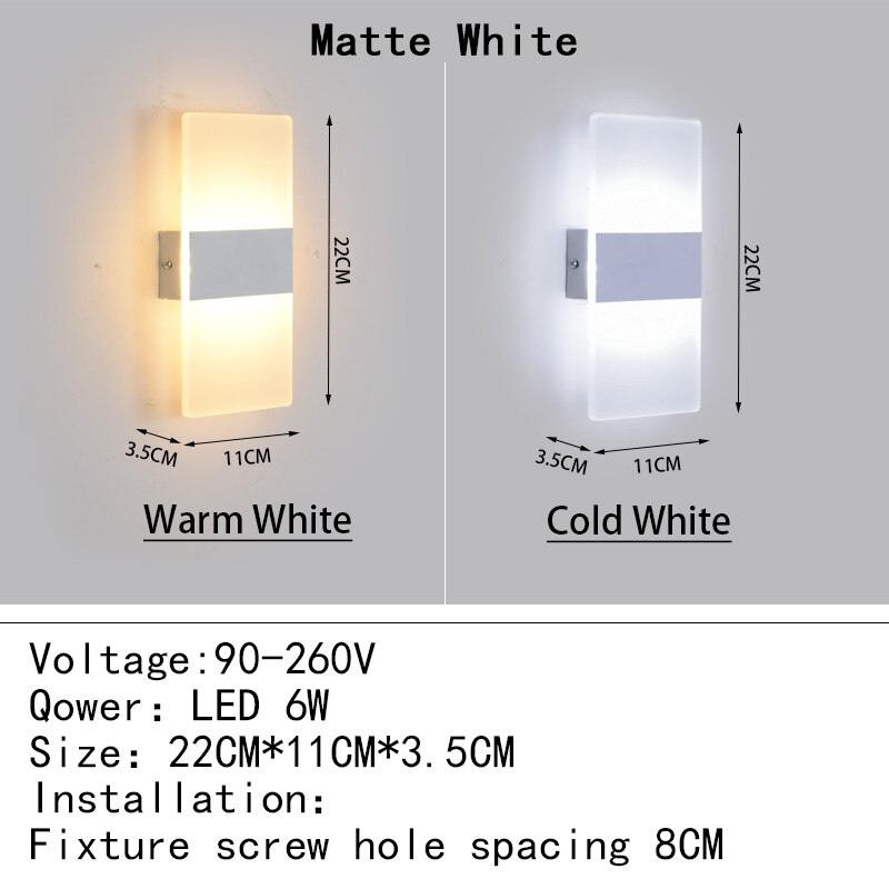 Mini 4/6/12/18W Led Acrylic Wall Lamp AC90-260V Long warm white Bedding Room Living Room Indoor wall lamp Bedroom Modern Simple: Warm White (2700-3500K) / Matte White 22CM