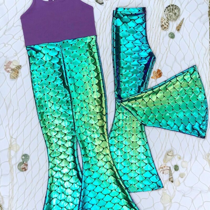 Kid Girls Shiny Mermaid Leggings Metallic Fish Scale Pants Fancy Dress Party