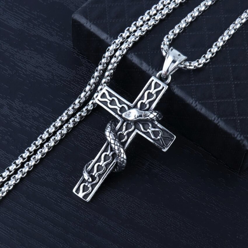 Slang Gewikkeld In Cross Enkele Titanium Schrift Cross Ketting Rvs Zwart Gebed Choker Kruis Hangers Voor Mannen Colar: Default Title