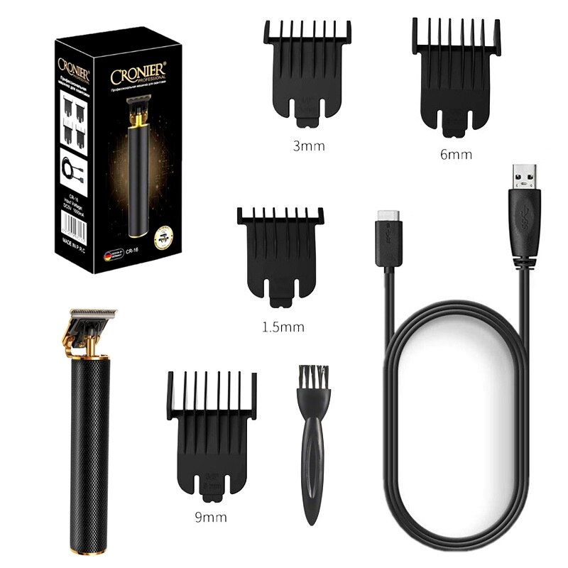 Män kraftfull trådlös efterbehandling hårtrimmer laddningsbar hårklippare skäggtrimmer usb hårskärmaskin: Svart