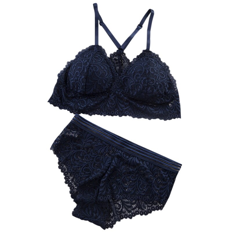 Sexy Lace Bra Sets Lady Women Seamless Embroidery Bralette Wireless Breathable Underwear Lingerie Set: Blue