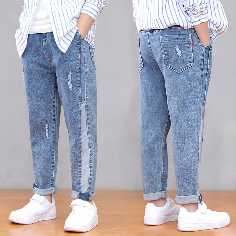 Spring Denim for Boys Solid Ripped Children's Jeans Elastic Waist Jeans Kids Boys Casual Autumn Clothing for Boys 6~14 Years C79