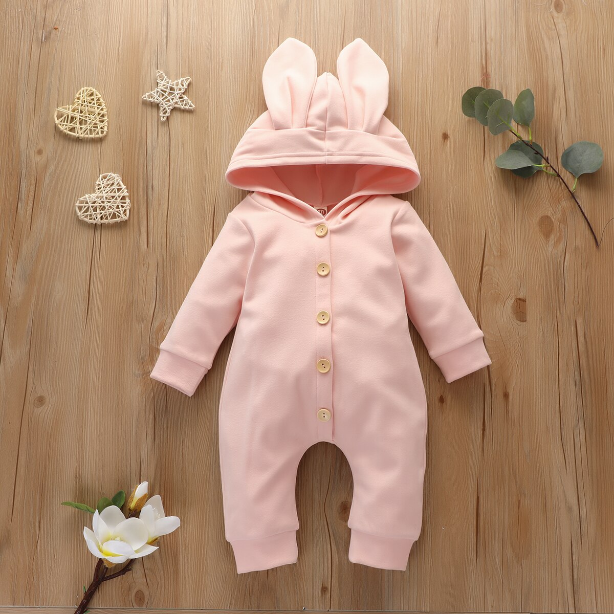 Herbst Winter neugeborenen Baby strampler mit hasenohren, langen ärmeln, niedlicher kapuzenpullover, einfarbig, jungen mädchen: Rosa / 18m