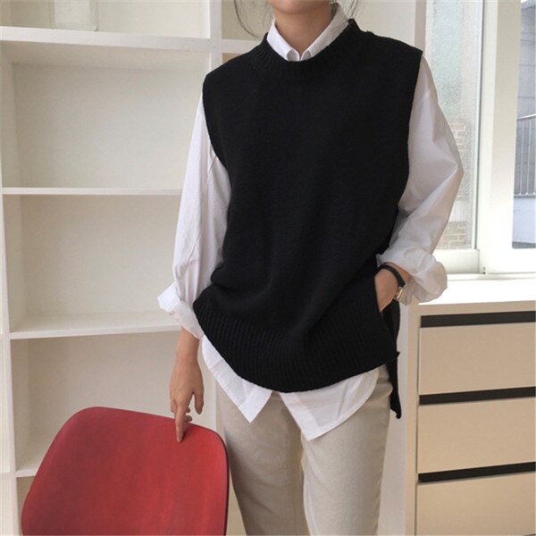 Mozuleva kvinder sweater vest o-hals ærmer pullover strikket vest kontor dame temperament afslappet chic vest coatwinter: Sort