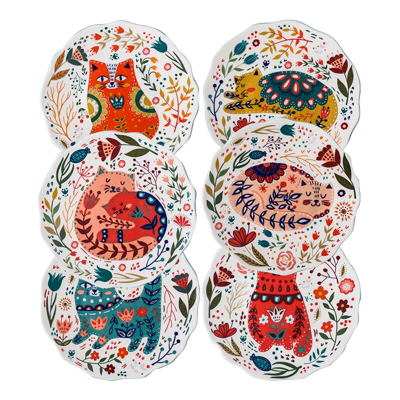 Plat de couleur en céramique dessin animé | Assiette ronde de couleur, style japonais peint à la main, chat chanceux, personnalité, vaisselle créative pour la maison, vaisselle nordique