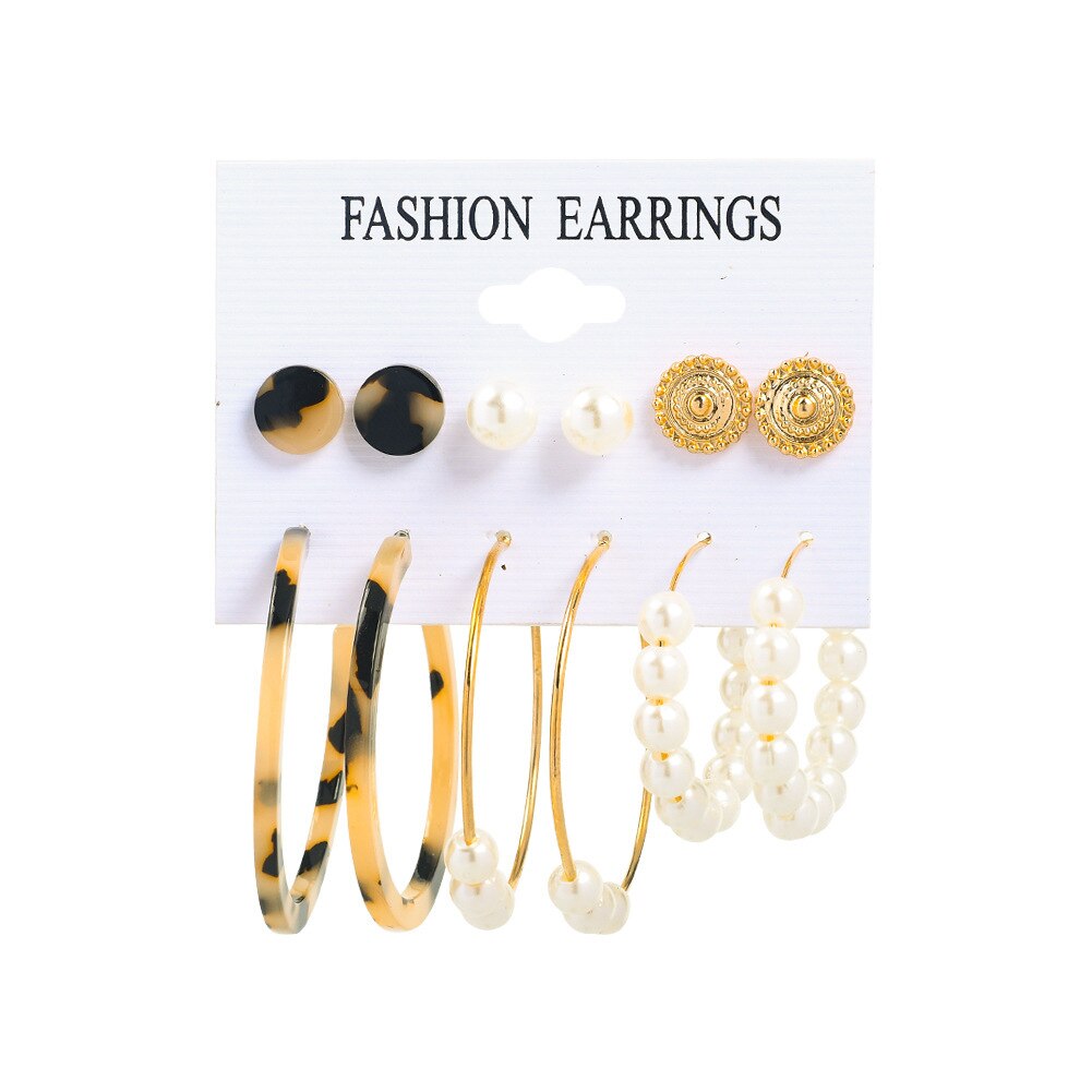 6 pçs embalado brincos conjunto novo estilo espiral pérola grande círculo simples liga folha de orelha anel combinação conduta: ZZ080