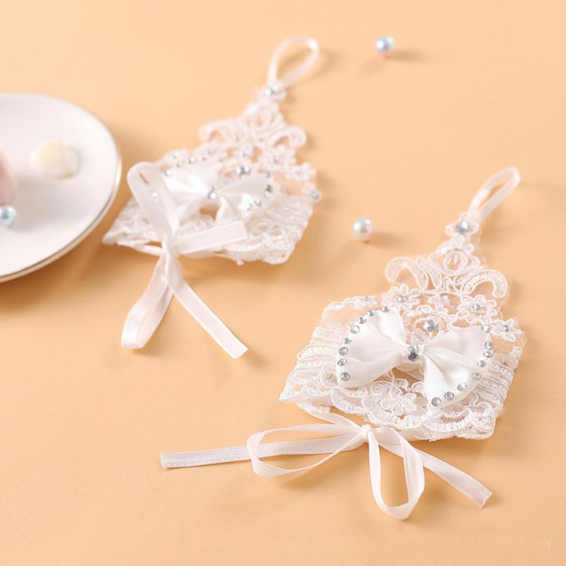 årgang palass broderi blondere korte hansker sateng sløyfe rhinestone perler justerbar bånd bryllup brude votter