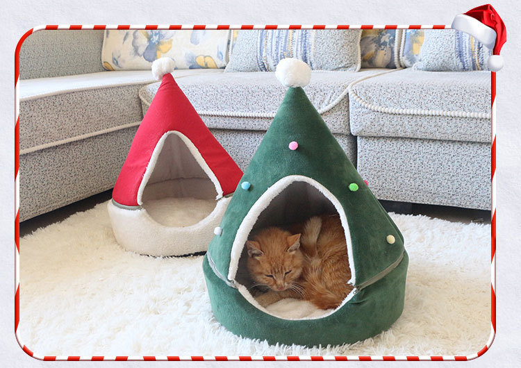 Julehund katteseng hus juletræ form kæledyr kat hus hjem varm soveseng år indretning hund kat blød varm rede seng: B / 35 x 35 x 45cm