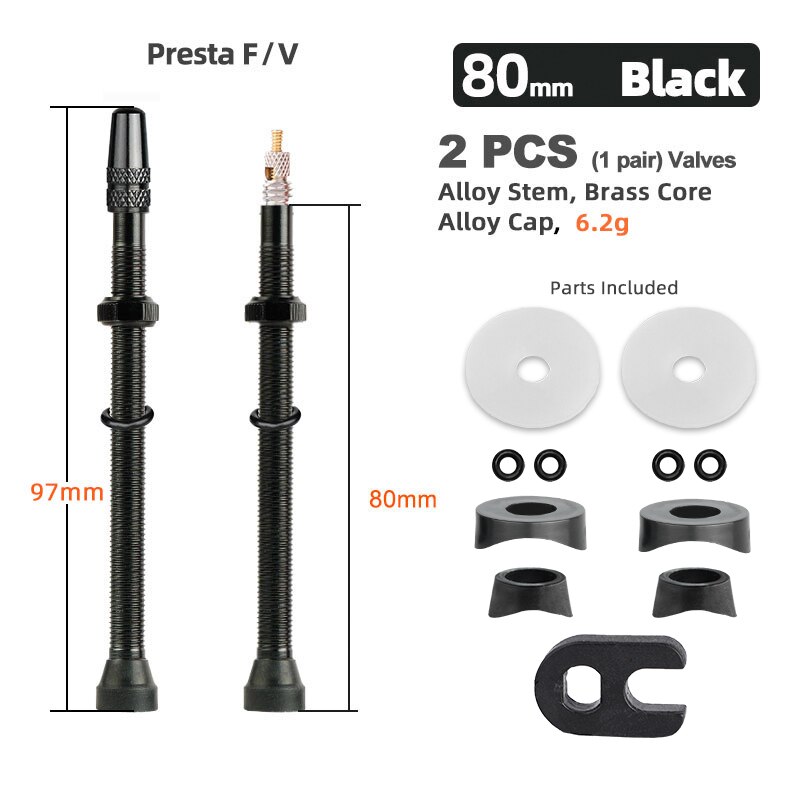 Deemount 2PCS Bicycle Tubeless Tire Presta Valve Brass Core Optional Brass Alloy Stem 40/60/80/100/120mm W/ Alloy Cap &amp; Tool: 80mm Alloy Black B