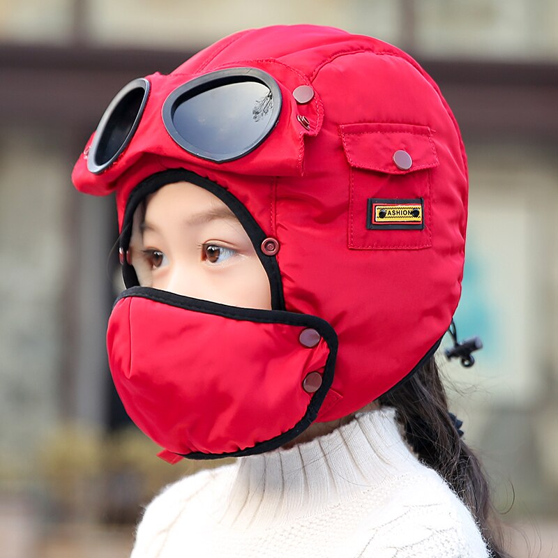 Gorro de aviador con mascarillas para niños y adultos, gorro impermeable de piloto, protección para las orejas, pasamontañas, de invierno,: Red Children