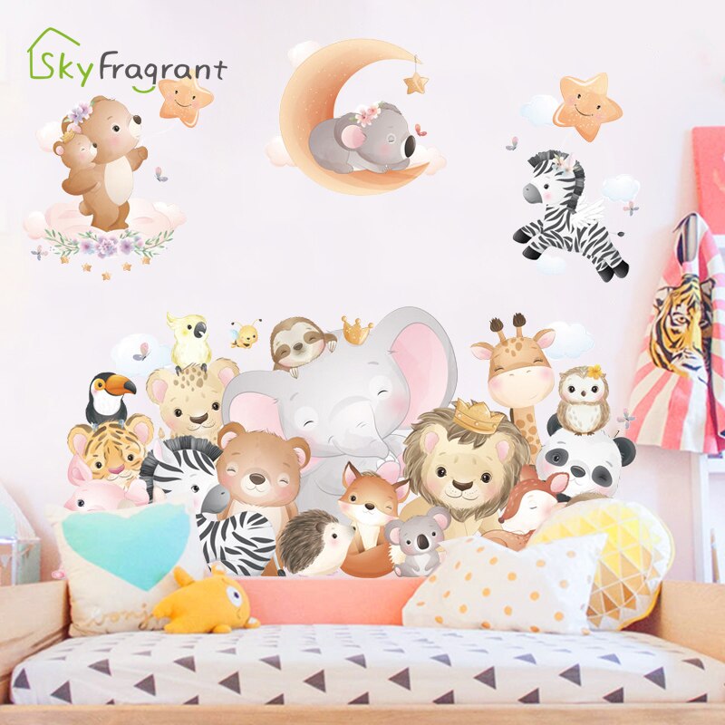 Cartoon Cute Animals Wall Stickers For Kids Rooms Baby Boy Bedroom Wall Decorations Self Adhesive Decoration Stickers Home Decor