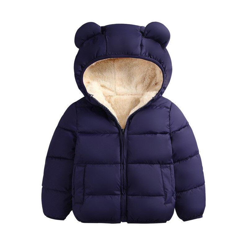Baby Winter Jas Kids Casual Solid 3D Beer Oor Hooded Donsjack Overalls Sneeuw Warme Kleding Voor Jongens Meisjes: Navy Blue / 2-3 years old