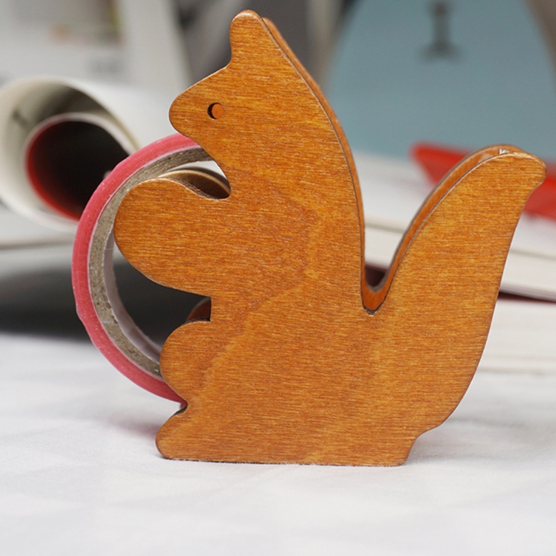 Lovely Office Tape Dispenser Vintage Wooden Cartoon Animal Shape Desktop Tape Cutter, 4 Shapes Cat/Pigeon/Squirrel/Whale HCCY