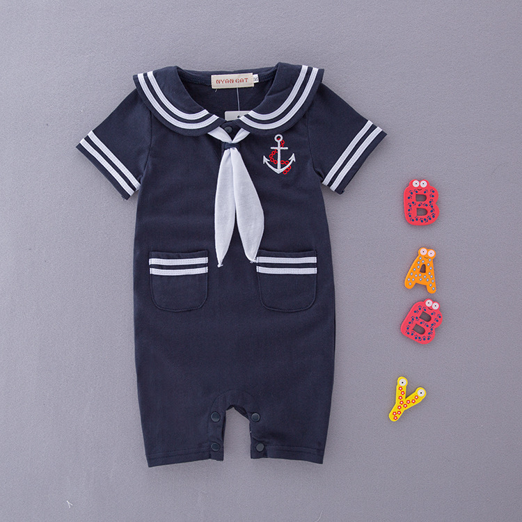 Summer Rompers For Baby Boys Sailor Suit Navy Style Comfortable Baby Clothes Kid Clothing Breathable Year Suit For Boys: Blue / 3M