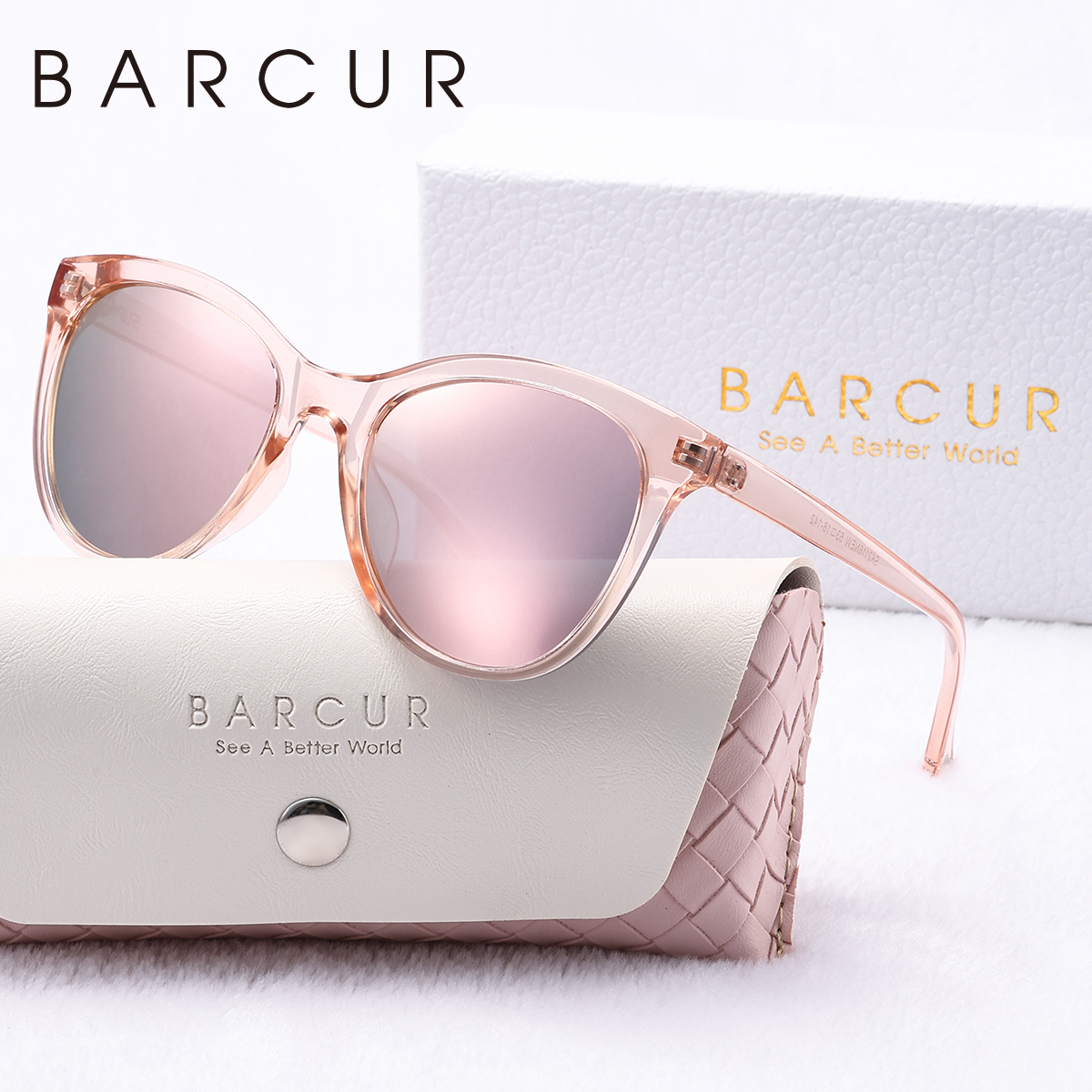BARCUR Schöne Damen-Sonnenbrille, bequem, langlebig, transparent, PC-Katzenaugen-Rahmen, Party, Reisen, UV400, polarisierte Sonnenbrille, bestes: Rosa