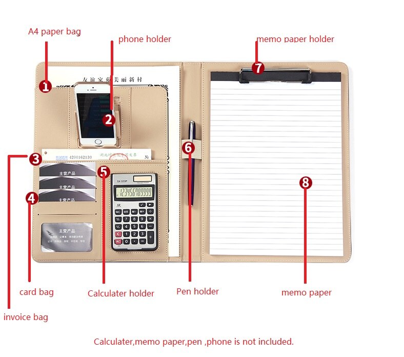 A4 PU leather multifunctional Portfolio office business manager padfolio briefcase bag document file holder