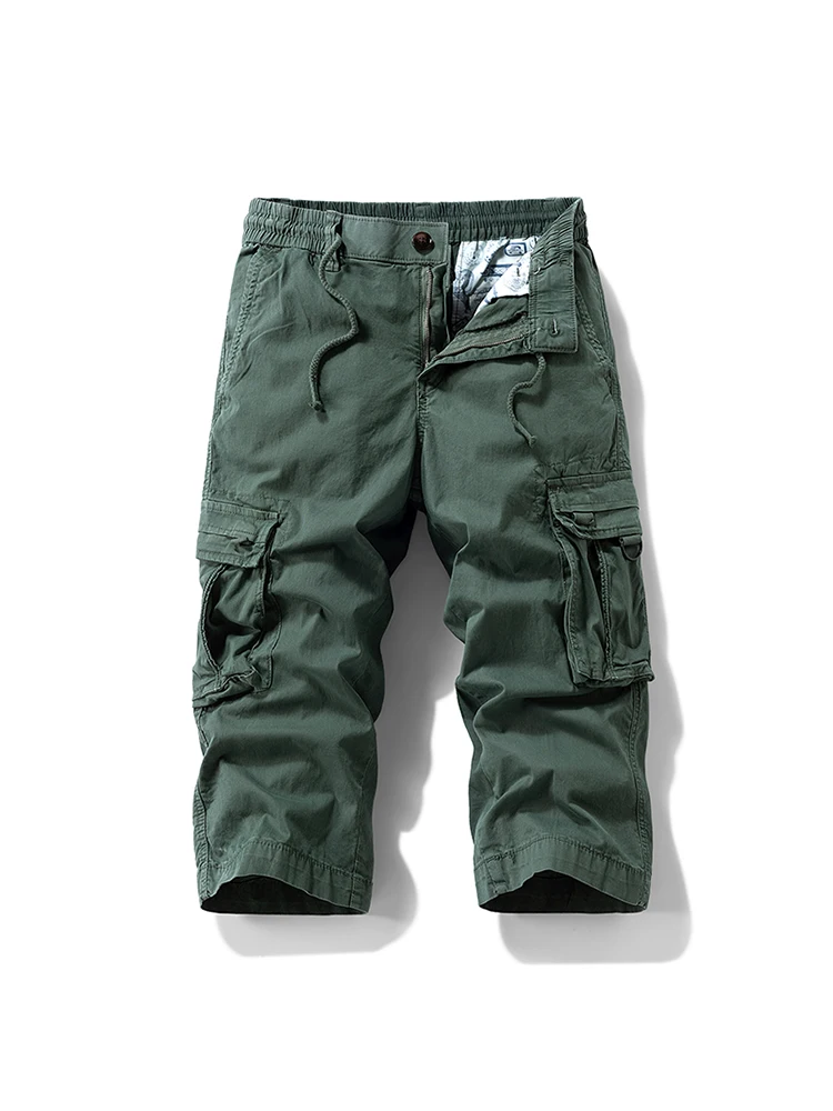 Pantalones Cargo con múltiples bolsillos, pantalones Capris rectos de algodón lavado, ropa de trabajo con cintura elástica, pantalones holgados, pantalones de verano hasta la pantorrilla para hombre: 34 / Verde militar