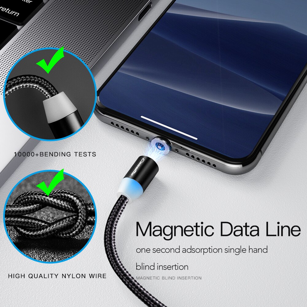 CaseMe-Cable magnético tipo C micro USB para iPhone, Cable LED de carga rápida de 1M, cargador magnético tipo C, conector de teléfono