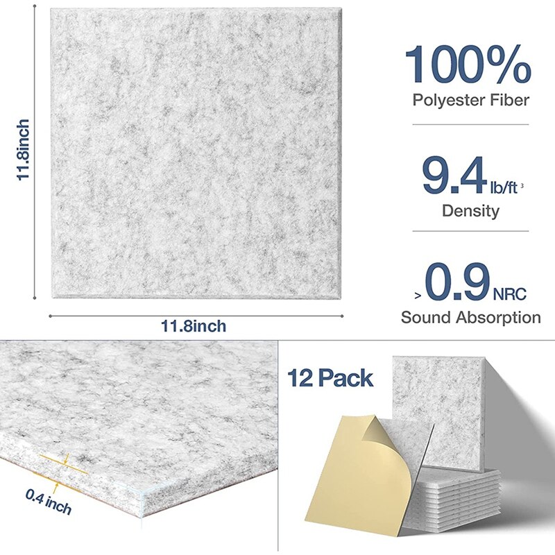 Zelfklevende Akoestische Panelen 12 Pack,12X12X0.4 Inch Sound Proof Padding, geluid Absorberende Panel Voor Thuis