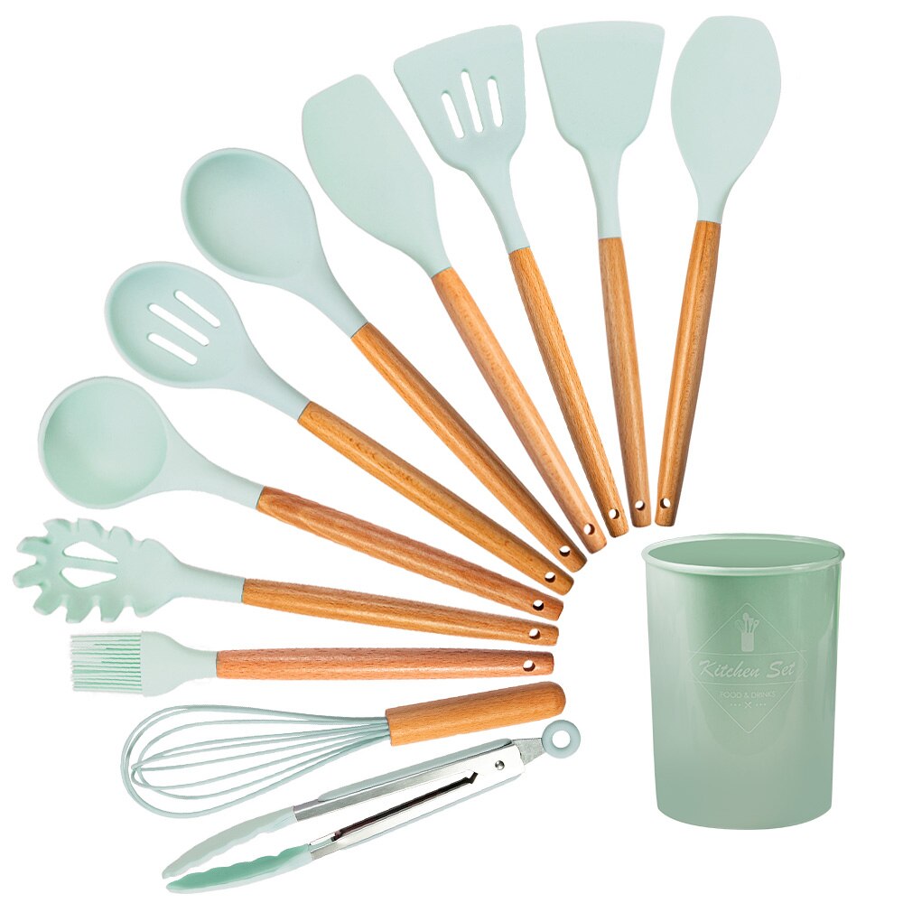 Cooking Tools Set Premium Silicone Kitchen Cooking Utensils Set With Storage Box Turner Tongs Spatula Spoon Turner 8 or 11pcs: E