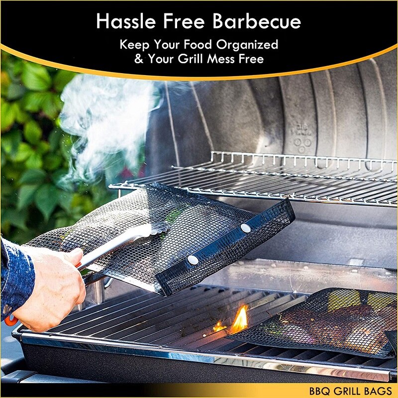 2Pcs Reusable BBQ Baked Bag Non Stick BBQ Mesh Grill Bags High Temperature Resistant Easy Clean Barbecue Grilling Accessories