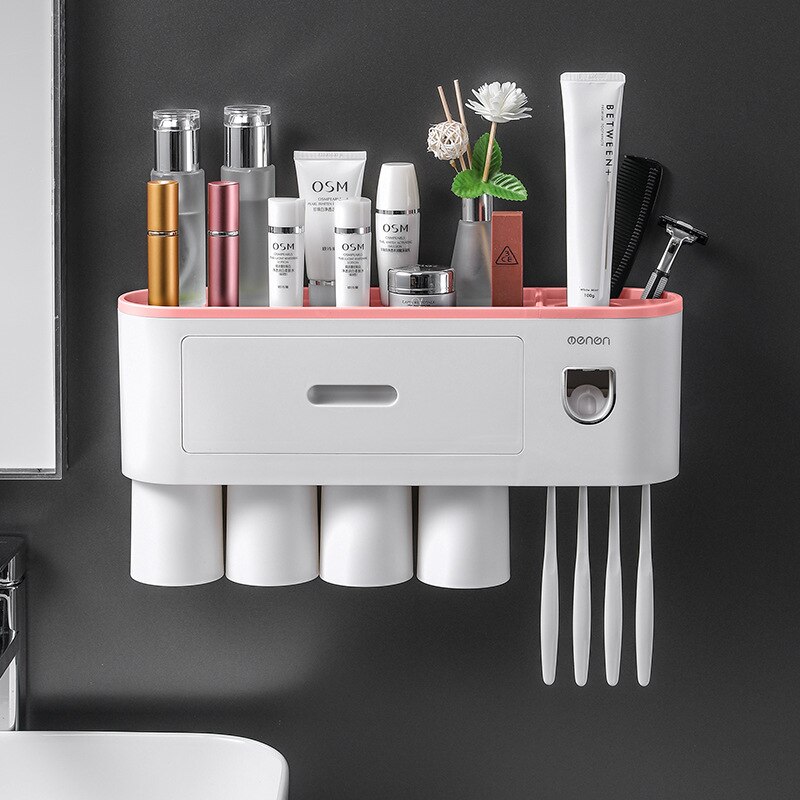 Magnetic Adsorption Toothbrush Holder Automatic Toothpaste Squeezer Home Storage Shelves Wall-mounted Bathroom Accessories Set: 4 Cups Pink
