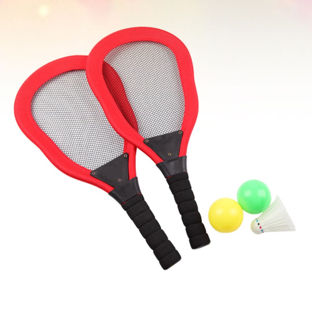 5Pcs Sport Kinderen Doek Art Tennisracket Badminton Strand Racket Kids Outdoor Benodigdheden (Rood 2 Stuks Racket + 1Pc Badminton