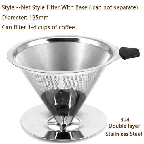 3 Style Coffee Filter Drip Double Layer Mesh Coffee Cone Filter 304(18/8) Stainless Steel Home Kitchen Coffee Making Tool: Filter and Stand A