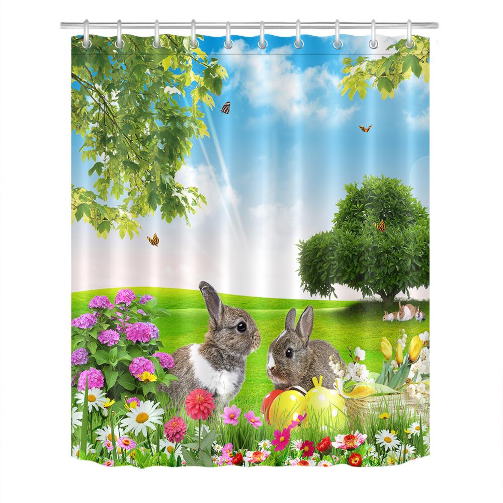 Paaseieren Bunny Douchegordijn Antislip Tapijten Waterdicht Polyester Bad Gordijn Lente Landschap Weide Bloem Badkamer Gordijnen: Only Curtain / 180x200cm-72x80inch