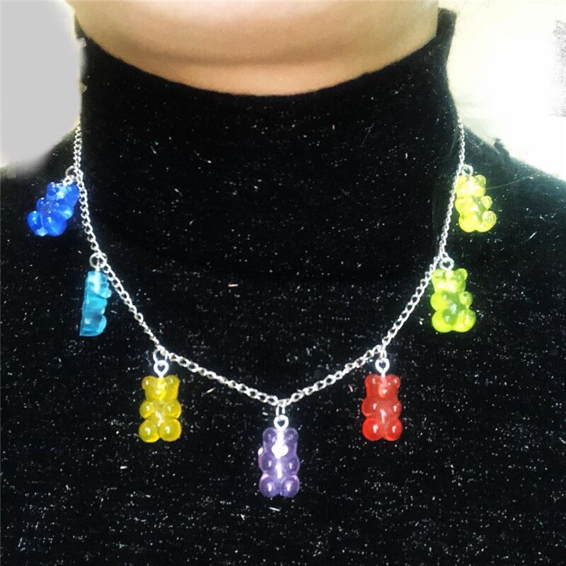 Regenboog Leuke Jelly Beer Gummy Kettingen Voor Vrouwen Meisjes Punk Hip Hop Hars Rvs Ketting Kettingen Accessoires