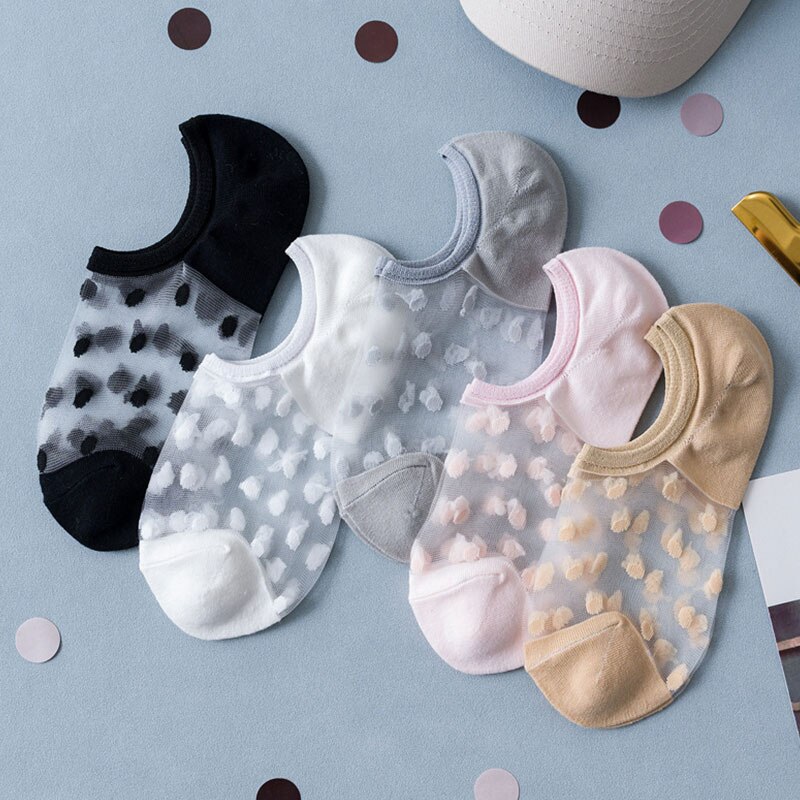 Calcetines de encaje de cristal para mujer, medias de seda transparentes, elásticas e invisibles, tobilleras, para verano