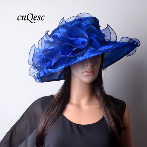 Grijze zilveren brede rand kristallen organza hoeden kerk bruidshoed voor bruiloft dameshoed, races: Marineblauw