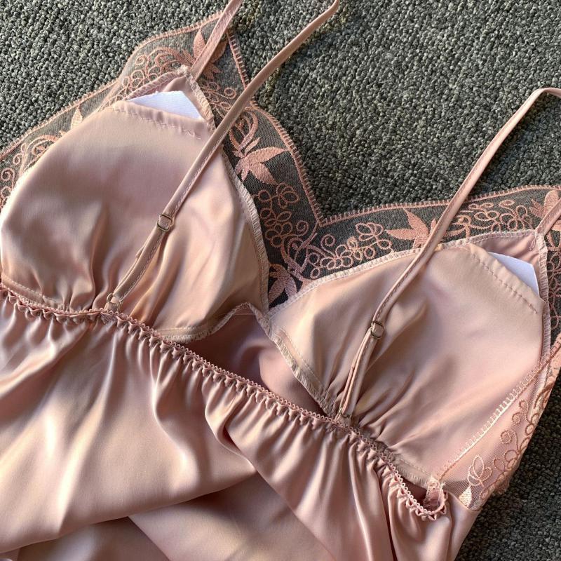 Pink Silk Rayon Nighty&amp;Robe Set Nightgown Sexy Lace Wedding Robe Sleepwear Spring Summer Kimono Bathrobe Gown Loose Home Dress