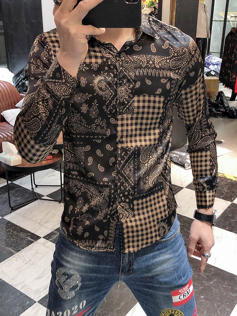 Camisa de vestir con cadena de oro negro para hombre, diseño barroco