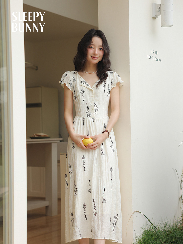 Vestido de lino bordado Floral francés para mujer, vestido largo acampanado de manga corta con cuello en V, vestido ligero con cintura, uso diario