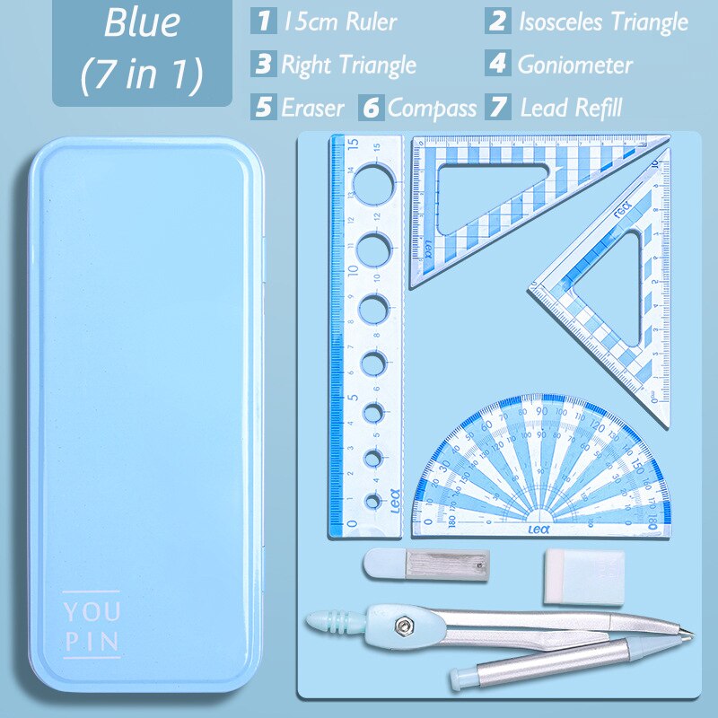 7 in 1 Compass Ruler Sets Drawing Tools Painting Suit Mathematical Children Durable Practical Compass Student Stationery