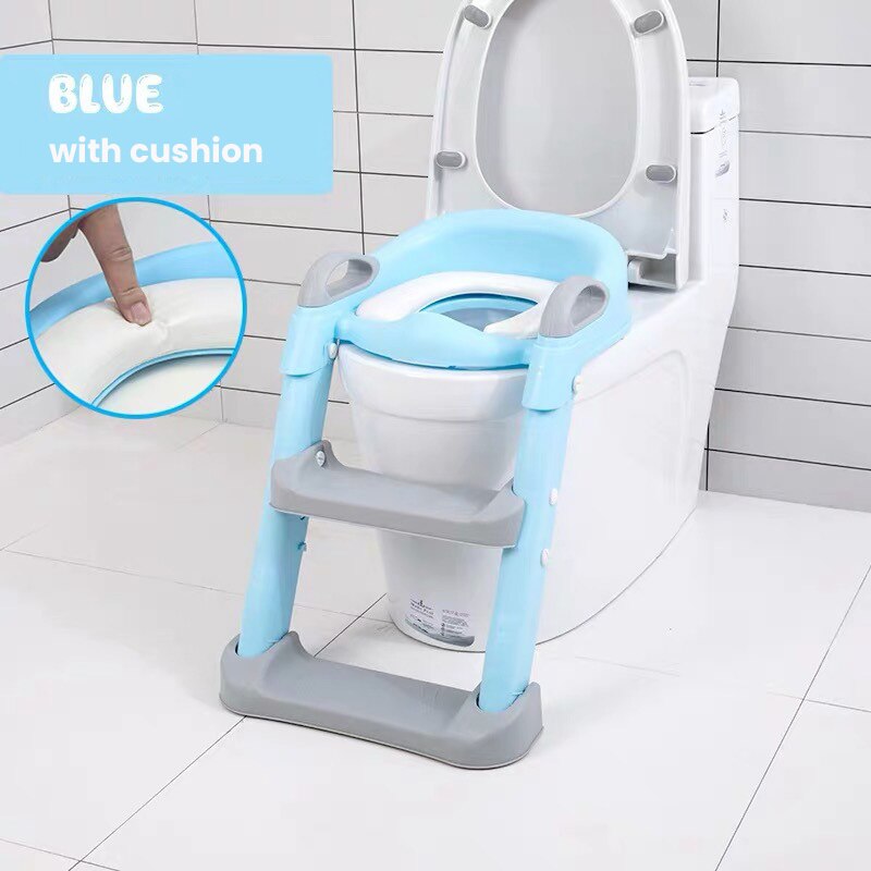 Vouwen Baby Potty Seat Urinoir Rugleuning Training Stoel Met Stap Kruk Ladder Voor Baby Peuters Veilig Wc Potties: Blue with cushion