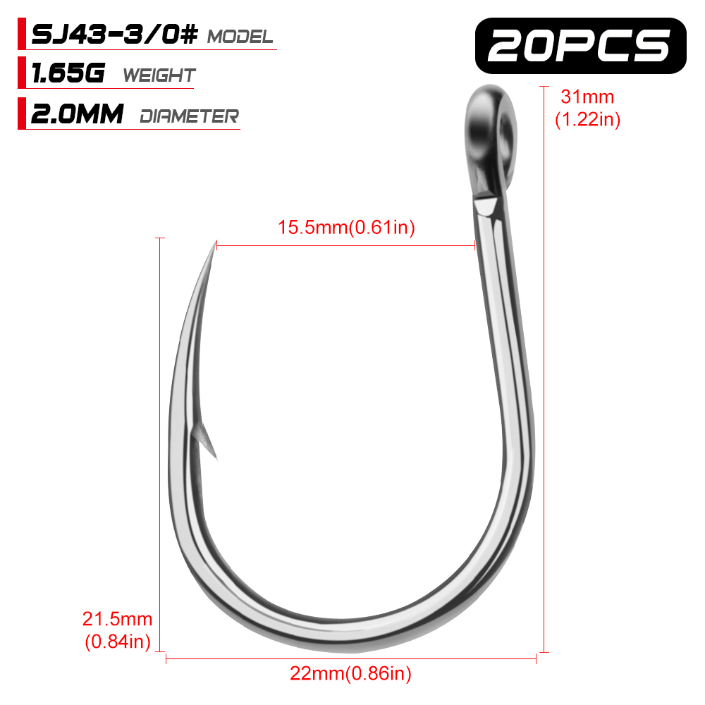 20pcs Saltwater Fishing Hook Jigging Hook 1/0#-13/0# Stainless Barbed Steel Fishhook with Hole for Fishing Accessories Pesca: 3-0